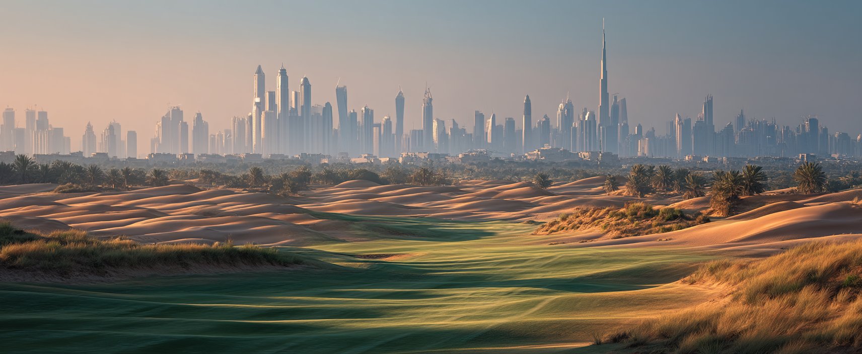 Dubai skyline rising over desert dunes and green landscape at golden hour